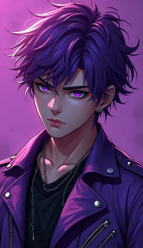 Aesthetic male teenage rocker with purple leather jacket purple movie with messy hair manga style
