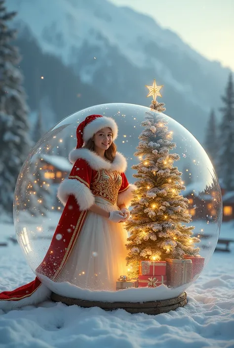 A beautiful hyper realistic photograph of a beautiful 18-year-old girl dressed as Santa in gold and silver, inside a huge crystal sphere ,  with a beautiful Christmas tree and many gifts inside the sphere ,  the sphere is on the ground in a landscape of lo...