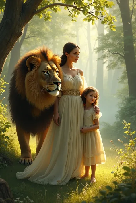 Un femme accompagner dune petite fille avec un lion