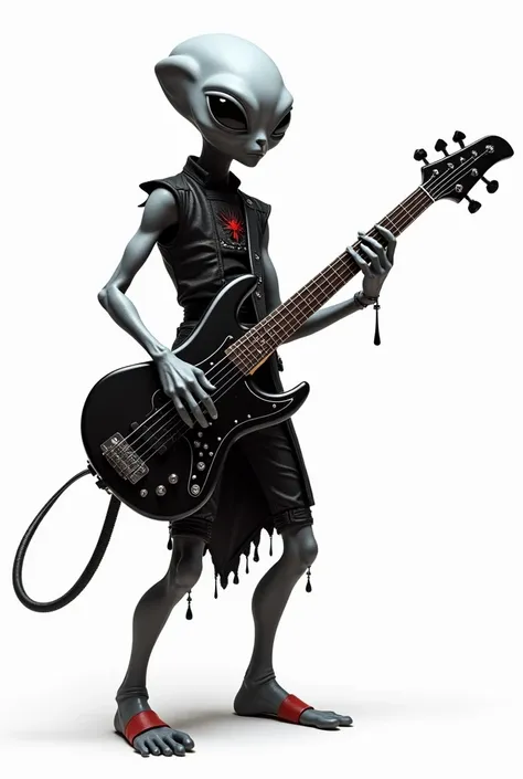 "Create a full-body depiction of a gray extraterrestrial playing an electric bass guitar. The alien should have smooth gray skin, large black almond-shaped eyes, and a slender but slightly muscular build. The bass guitar should have a bold, futuristic desi...