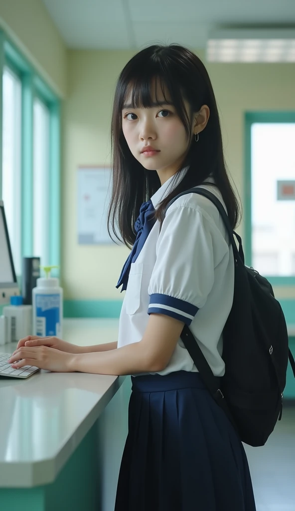 A Japanese high school student in her school uniform standing at a medical clinic reception counter. Her posture and facial expression convey worry and uncertainty. The scene should be lit with soft, diffused natural lighting coming from nearby windows. Fr...