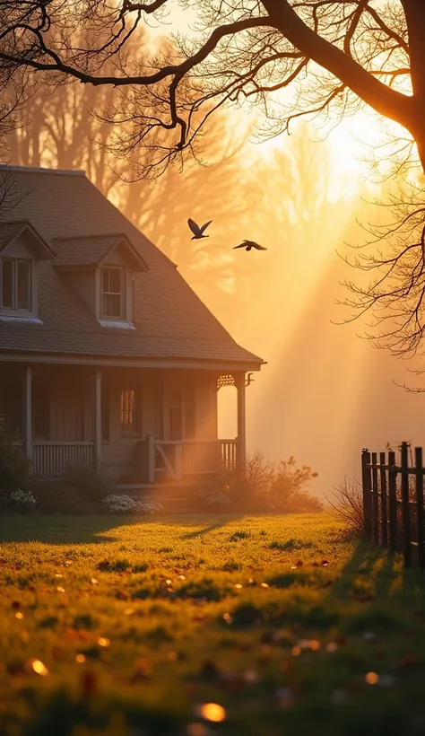 a warm house, with the morning sun in spring, birds flying, warm atmosphere of the park, focusing attention on the subject, and the overall atmosphere exudes a sense of tranquility and contemplation. warm spring morning atmosphere