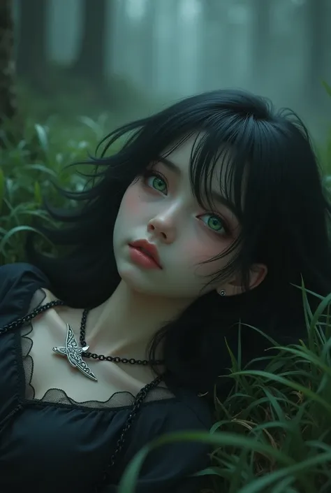  girl  ,  hair color dark   ,   green eyes  , she is looking somewhere , . This girl is lying on the grass in the dark forest in the fog 
There is a silver bird pendant on her neck 
There were black chains all around 