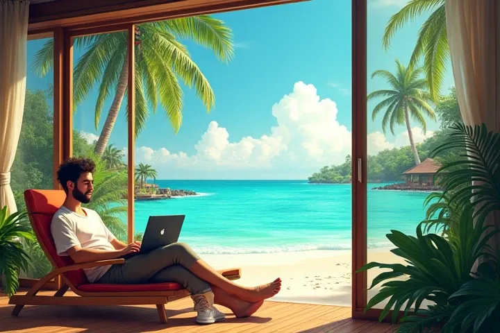  A bright tropical scene ,  depicting Bali as a paradise for freelancers :  a modern coworking space with large windows ,  overlooking the beach turquoise water and palm trees .  In the frame, a man with a laptop ,  working in a relaxed position ,  next to...