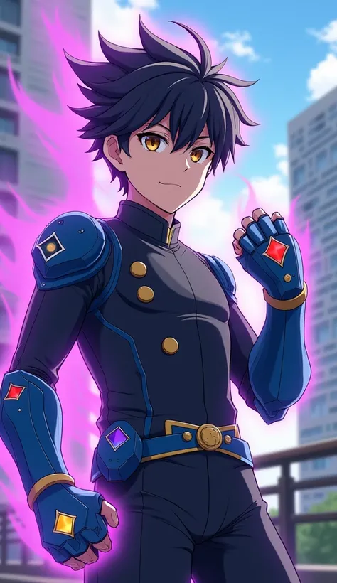 Masterpiece, High Quality, High Resolution, High Definition, 8k, Terrace Of Building, City, Day, (((Full Body, Dynamic Pose))), (((Perfect Anime Style))), (((Super Powers))).

(((Boy: Shota: 1.5, Young, ((shaved black hair:1.6, brown eyes, glowing eyes, pa...