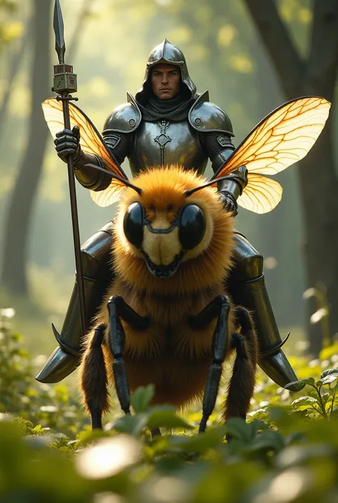  A medieval knight in shiny silver armor with intricate details rides a giant bee in a magical forest. The knight, hooded,  He has a clear and prominent face similar to that of Cristiano Ronaldo with an expression determined .  He holds a long spear at the...