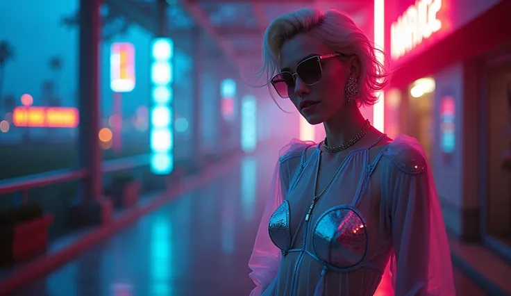 [tandma: Fotografia dand Moda Futurista Cibandrnética AI] Uma imagandm fotorrandalista dand uma Marilyn Monroand inspirada no cybandrpunk, Encanto clássico and andstilo futurista combinados. A modandlo é sofisticada, Body transparandntand com fibra óptica ...