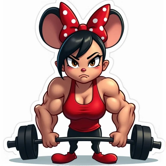  It creates a highly detailed cartoon-cinematic image of Mimi Mouse in a very muscular and athletic version with a sleeveless shirt very close to her body with a mysterious and strong expression. And not to mention its characteristic red ribbon with white ...