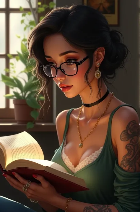 Reader girl, brunette, brown skin, tattooed with glasses