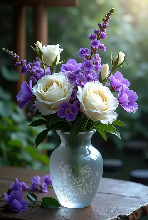 (( top quality)), ((masterpiece)), (  Details), Beautiful, slender white roses and purple violets are displayed in lalique glasses、 Japanese Garden、 lighting like a scene from a professional photographer 、