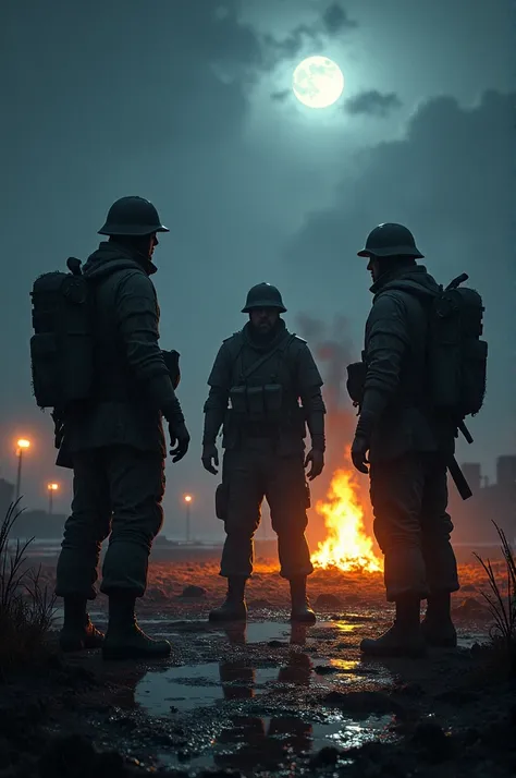 Battlefield soldiers at night moon shining and soldiers burning fire and moon shadow come from earth rainy water