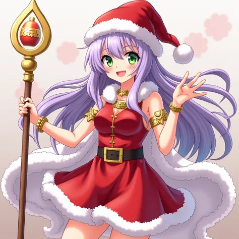 Chica cuerpona ,  medium light purple hair ,  medium light green eyes, short red Christmas dress,  red Christmas hat  , long hair, Short bangs ,  goddess scepter , golden bracelet, golden necklace, smiling sexy , MODELING SEXY , looking at the spectator,  ...