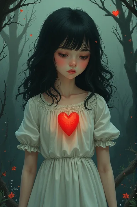 Create an illustration of a sad girl who has no heart for a fanatical tale 