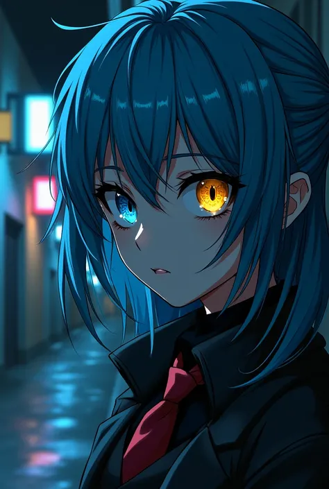  Screenshot of Tokyo Revengers
A girl with water blue hair has a very beautiful face, she has slanted eyes and her left eye is blue and the right yellow eye has a smiley expression and a sinister look..  She is dressed and dressed in the uniform of the Tok...