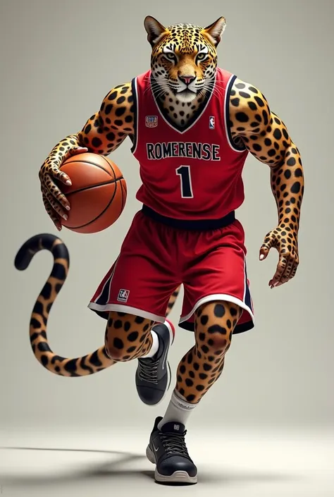 A jaguar that plays basketball with red shorts and a red t-shirt and a black collar with a white line, Say ROMERENSE , With the number 1 