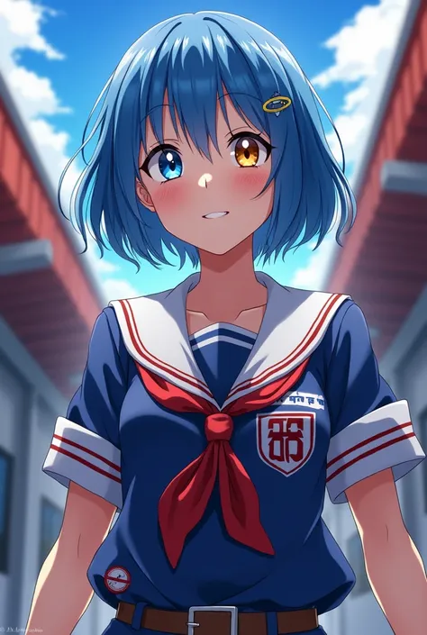 Screenshot of Tokyo Revengers
A girl film blue water cut style tomboy girl hair omega body torn eyes the left eye is blue and the right yellow one with very beautiful fair skin has a cheerful expression she has the opposite uniform of the Tokyo bandals of ...