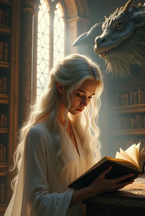 A woman with silver hair reading a book in front of a library watched by a dragon