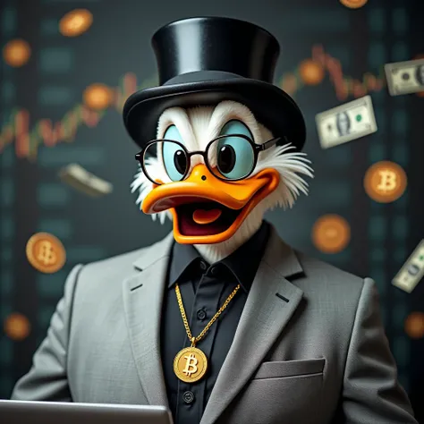 Scrooge McDuck in glasses, with dollars and bitcoin and pieces of PHP code in the background. Also in the background are cryptocurrency charts. Portrait angle. Confident look. In a business suit. On his head is a black top hat. With small round sunglasses....