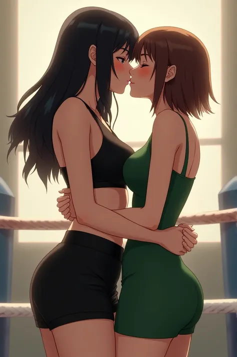 Create an image of a black-haired brunette girl in a boxing outfit kissing a white girl with brown hair and a short green dress