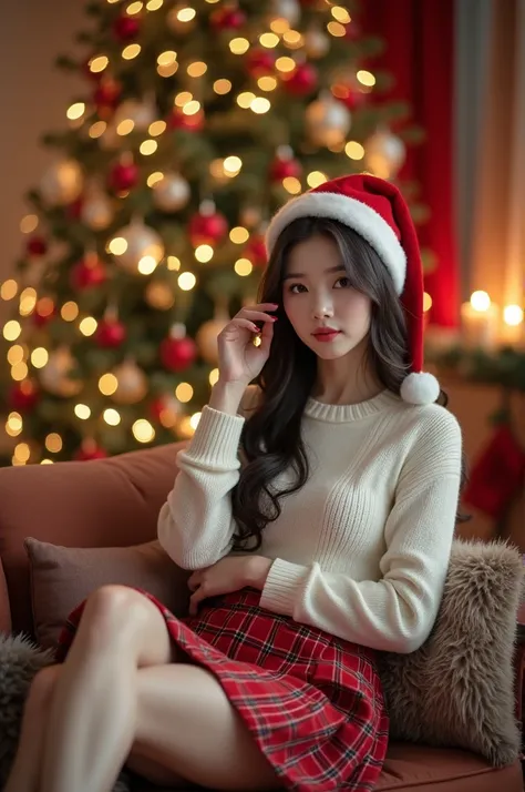 a Korean gorgeous aesthetic girl wearing a cute Christmas outfit, sitting in the sofa and the background is Christmas decorations 