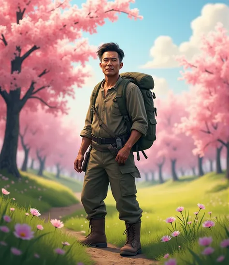 Thai man 55 years under cut dark brown hair dark tan skin with a backpack in a beautiful field and in hunting clothes , pink cherry blossom forest, pink sky 