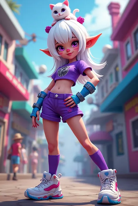 A female Mandrake character with a Free Fire game style , with white hair with a white kitten on her head , clown makeup , a purple shirt with a tattoo on the chest ,purple shorts with knee-high socks , white sneakers with blue and red details ,Ice blue cu...