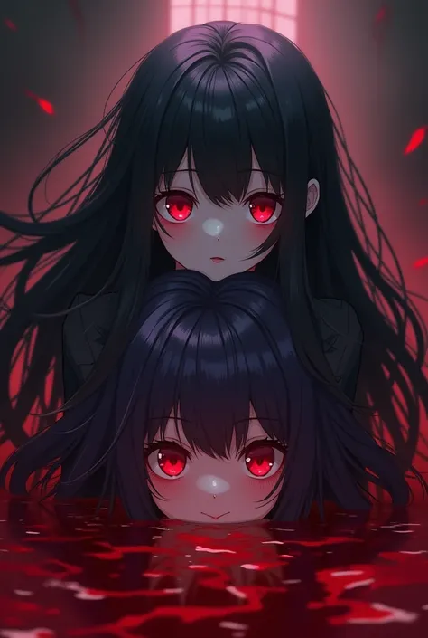 A girl with red eyes long black hair and a girl with red eyes dark purple hair anime blood