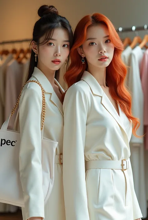 two beautiful Korean-looking women, slightly reddish hair, one tied up, the other loose, wearing a trendy white t-shirt and a milky white mini skirt, heals sandals, very trendy wearing a white bag with the text PEC written on it "The charm of a beautiful e...