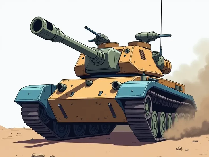 A tank colored brown and blue, in a battle. It has a double cannon. The style is futuristic anime. The setting is clean and minimal, no text or symbols. The colors are flat and stylized, resembling traditional anime aesthetics, with clean lines and bold sh...