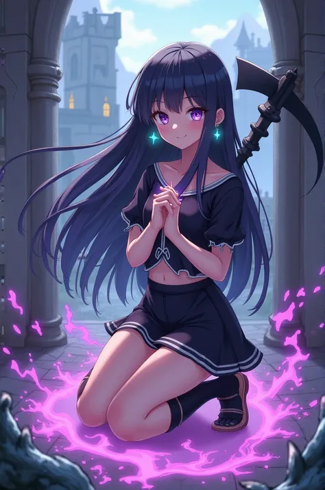  Make an anime ,  with long black hair ,  with purple eyes with a white star pupil , with witch hat,  in a black blouse with white details ,  with a beautiful short black skirt ,  with black knee-high socks , And a sandal ,  and cross earrings on the ear ,...