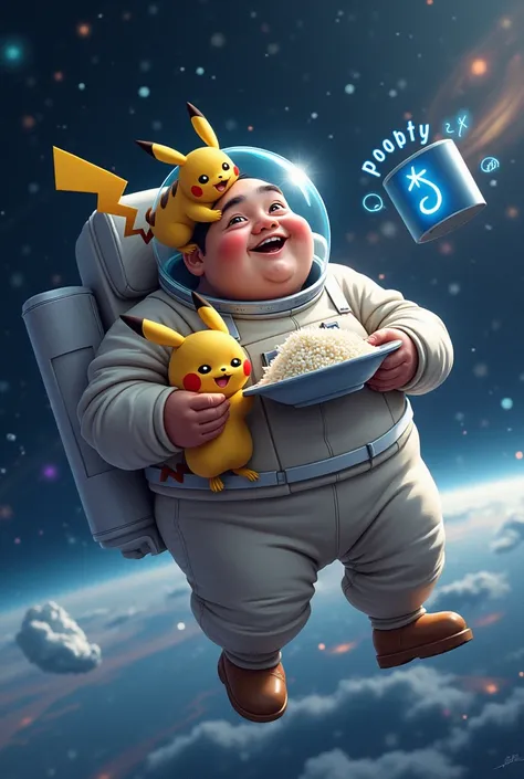 Create a fat man in space flying with a pikachu and an Alexa eating a plate of rice