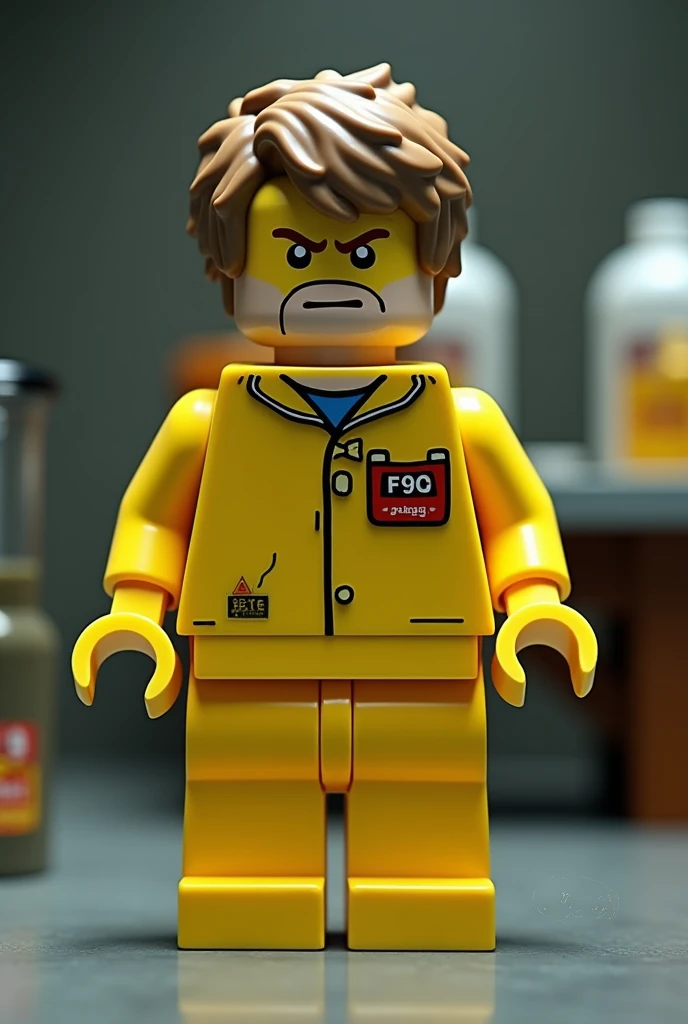 "Create a LEGO-style character of a young man wearing the iconic yellow hazmat suit from Breaking Bad. He has short, messy hair, and his face shows a rebellious and intense expression. The figure is standing in a LEGO version of a laboratory, with containe...