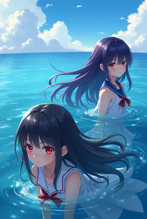 A girl with red eyes long black hair and a girl with red eyes dark purple hair anime ocean