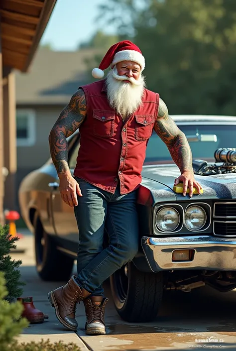 Modern Santa Claus ,  with tattoos and youthful attitude, Washing a classic car 