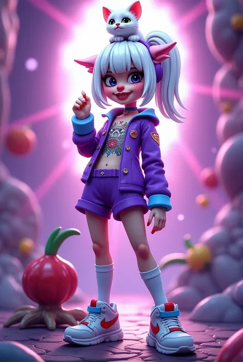  A female character with game style from Free Fire  , with white hair with a white kitten on her head , clown makeup , a purple shirt with a tattoo on the chest ,purple shorts with knee-high socks , white sneakers with blue and red details ,Ice blue cuffs ...