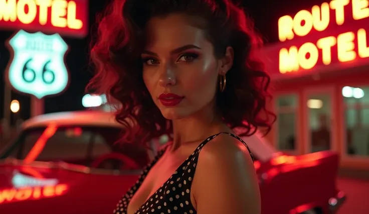 "Create an image of a glamorous woman with voluminous retro-style curls in a close-up shot, her sultry gaze meeting the camera. She wears a tight black polka-dot dress with bold red lipstick, and the glow of vibrant neon motel signs reflects off her skin a...