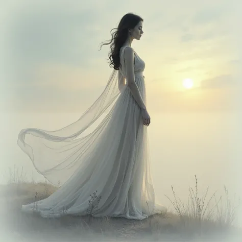 an image that captures the essence of delicate chiffon creating the ethereal shape of a beautiful young Caucasian ghost woman, charcoal art. The scene should be set against a tranquil backdrop with a gradient sky transitioning from soft blue to warm golden...