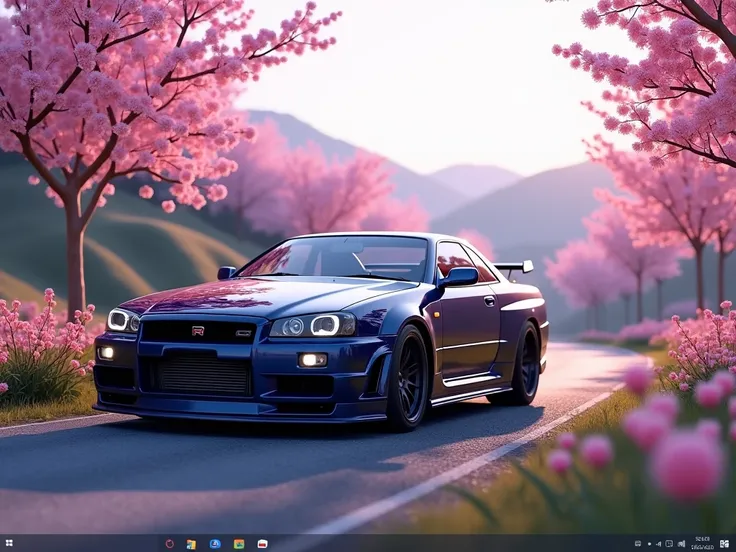 gtr r 34 rose, paysage de fleure de sakura, windows 10 fond