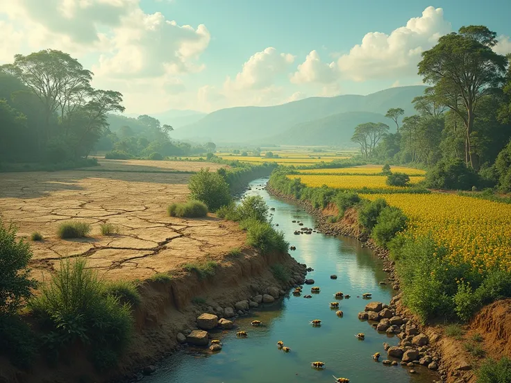   devastated nature — barren fields , dead bees ,  polluted rivers .  Cut for scenes of healthy crops ,  bees pollinating and farmers working proudly