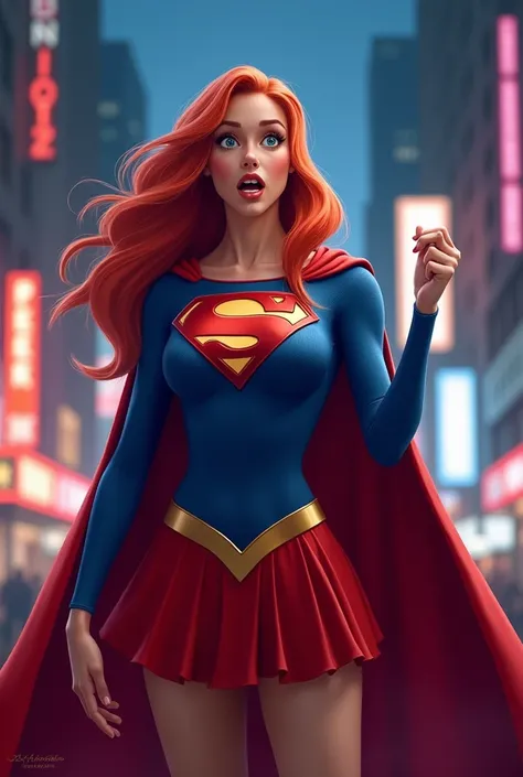  The picture is a digital illustration. Supergirl .  The woman stands on a city street at night, with neon signs and buildings in the background .  The woman wears a blue and red suit with the famous Superman logo on her chest and a red cloak flowing behin...