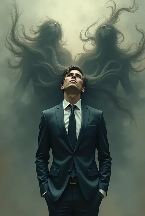  Create an image where you can observe a struggle against his fears two fears , That the man is dressed up in an elegant suit  