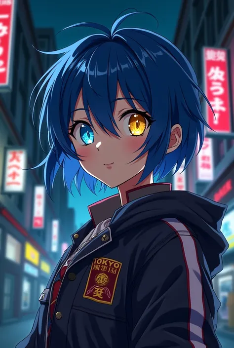 Screenshot of Tokyo Revengers
A girl film blue water cut style tomboy girl hair omega body torn eyes the left eye is blue and the right yellow eye with very beautiful fair skin has a cheerful expression and the sinister look is wearing the uniform of Tokyo...