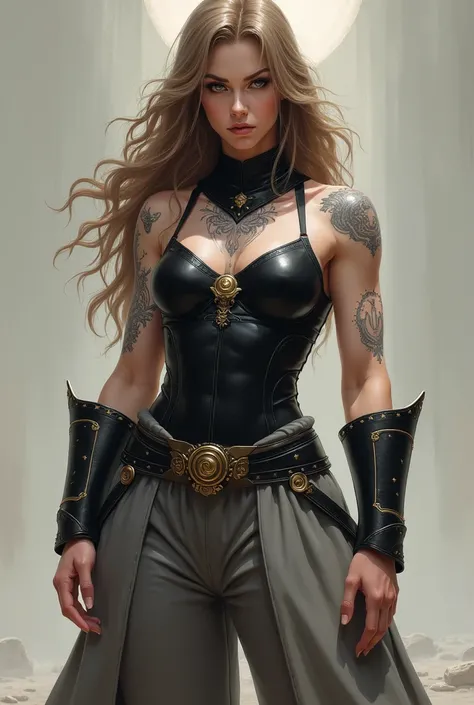 Tall warrior woman with pale skin , with a lot of apparent muscles  , long muscles light brown hair with open and long curls ,gray eyes ,fine line tattoos with small white stars, fully closed high-neck black bodysuit with gold details, with wide gray pants...