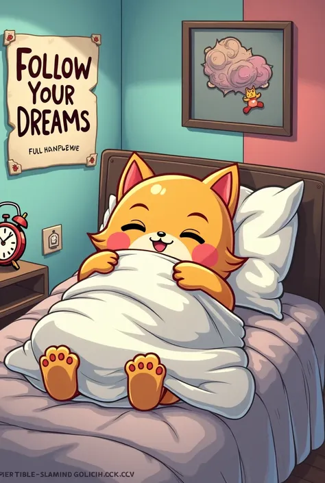 Cartoon character sleeping in bed with the quote - they told me to follow my dreams so I went back to sleep