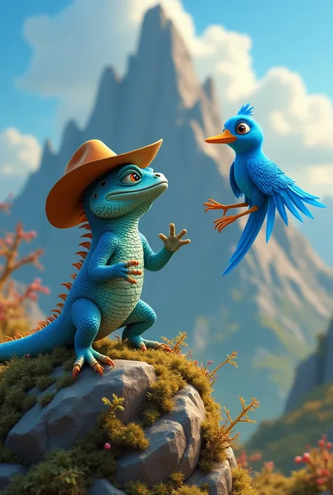 a blue bird animating an iguana wearing a cowboy hat climbing a Disneylike mountain 