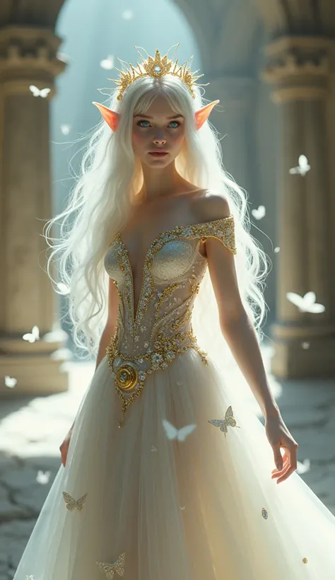 " An elf with a divine appearance , with a slim and elegant figure ,  with marble-white skin and long hair , white,  adorned with flowers and butterflies that seem to come to life .  Her blue eyes shine brightly , transmitting serenity and power . Viste un...