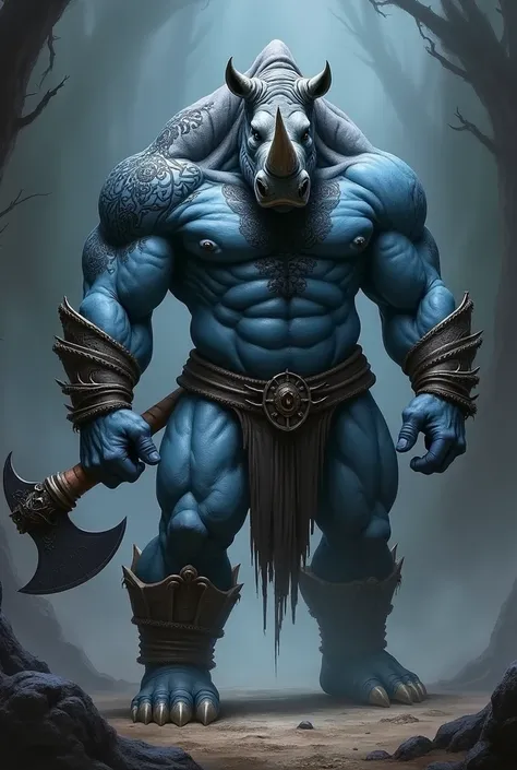 Rhinoceros with big axe in hand and body of a man with blue muscle with black tattoo 