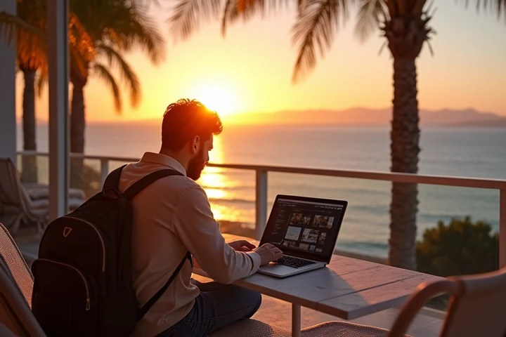  Create an inspiring image for the article card :  digital nomad on his laptop on an outdoor terrace overlooking the ocean and palm trees  (Points),  a cozy European street  (Lisbon )  or a mountain landscape with a sea horizon  (Sochi).  Add travel elemen...