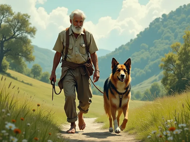 barefoot old man walking with a shepherd breed dog