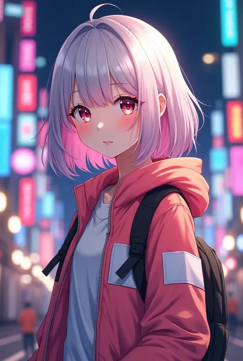 Create for me a female anime character in Moe style with a padded jacket the character with white and pink hair and the white jacket that the character is not older than  with a kawai style with a city background at night with plenty of lights 